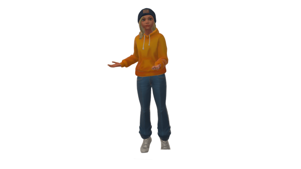 weiblicher Avatar mit gelbem Hoodie und Jeans